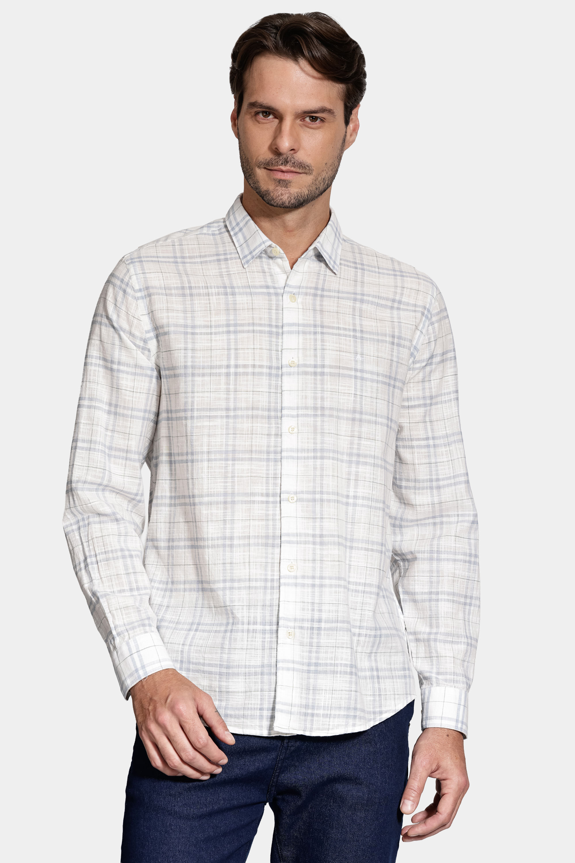 Camisa Manga Longa Regular Xadrez Rústica Branco Com Cinza