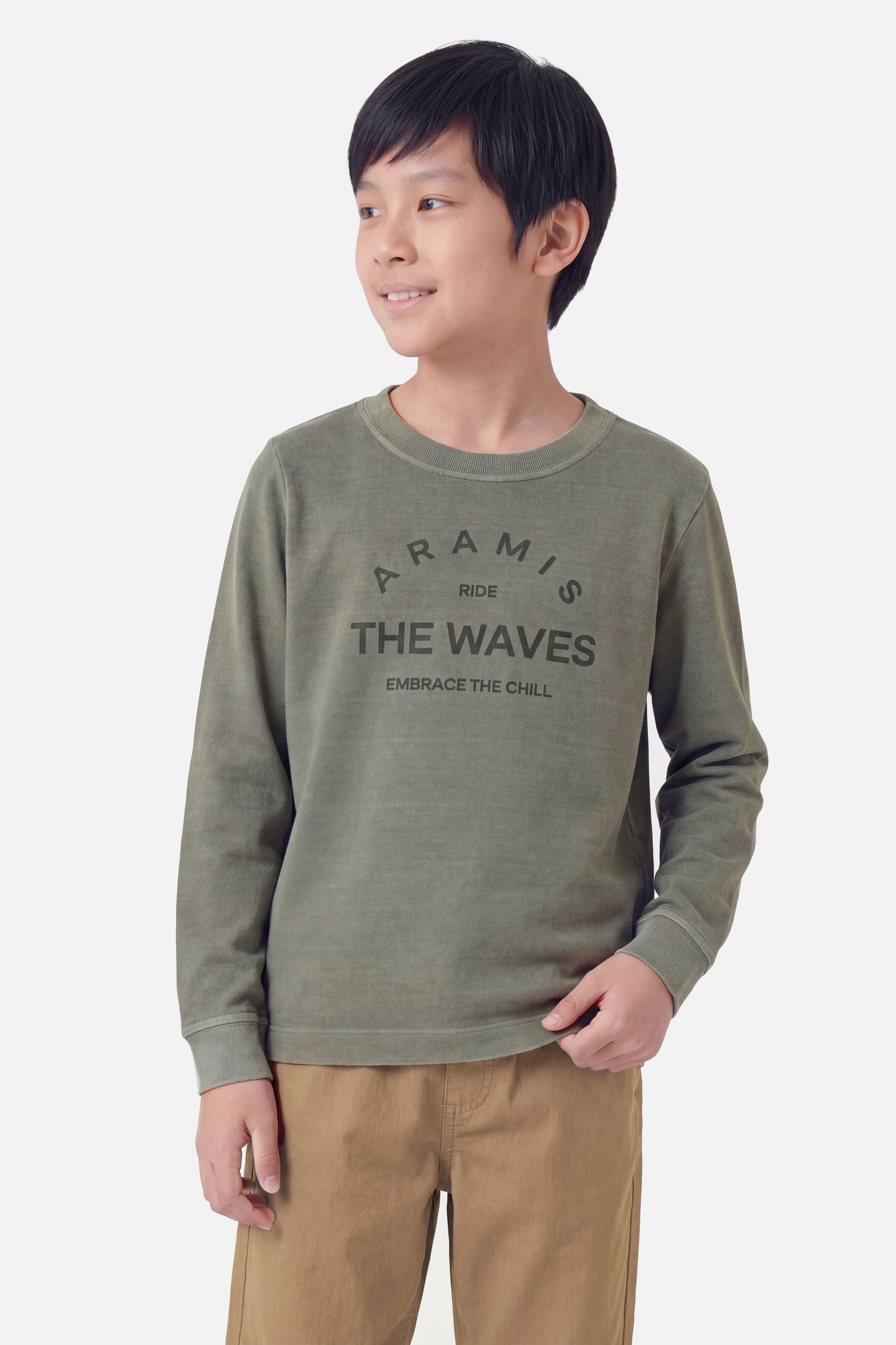 Camiseta Manga Longa Infantil Estampa Ride The Waves Militar 117